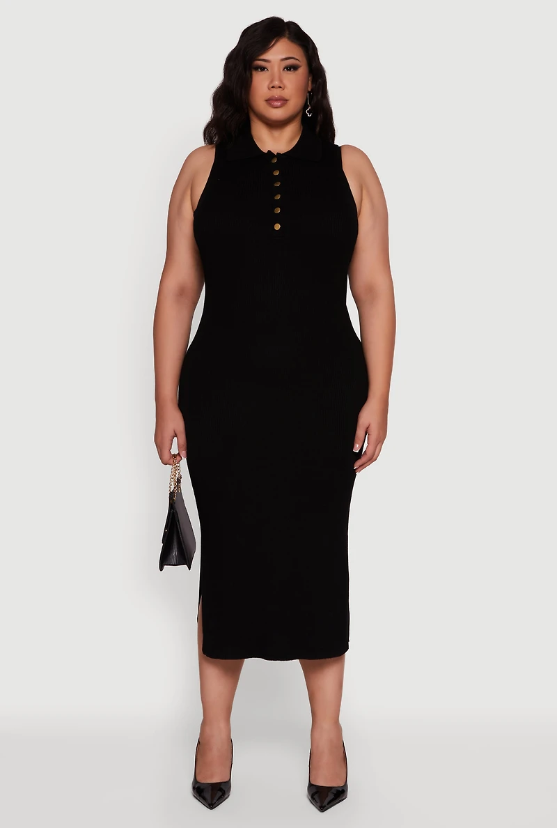Plus Sleeveless Polo Collar Rib Knit Sweater Dress