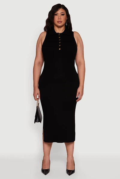 Plus Sleeveless Polo Collar Rib Knit Sweater Dress