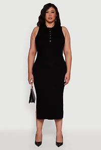 Plus Sleeveless Polo Collar Rib Knit Sweater Dress