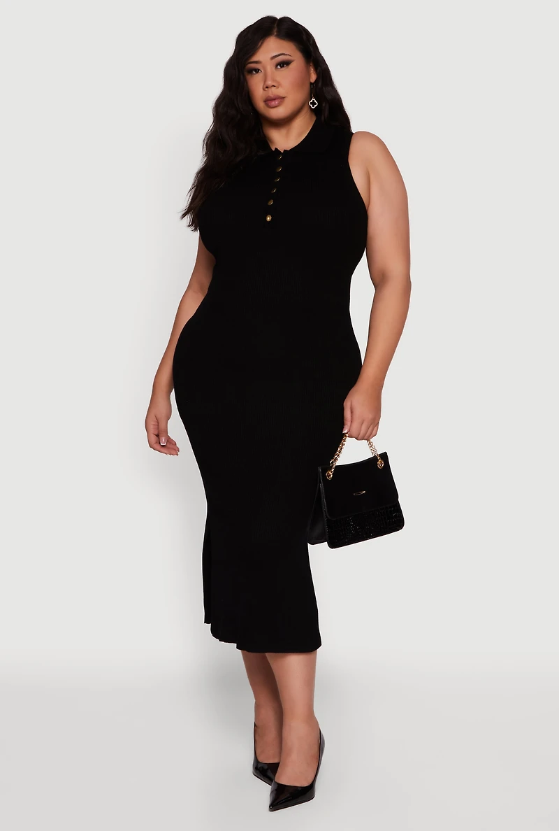 Plus Sleeveless Polo Collar Rib Knit Sweater Dress