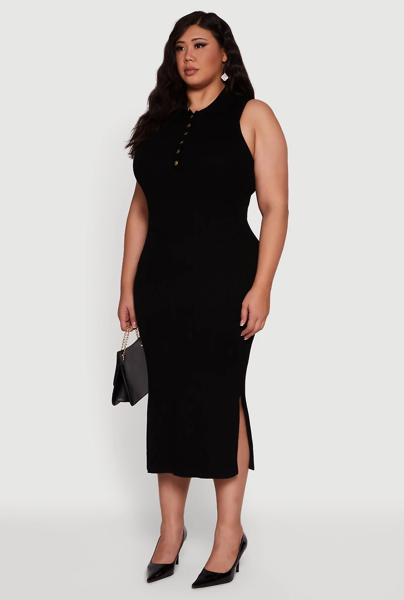 Plus Sleeveless Polo Collar Rib Knit Sweater Dress