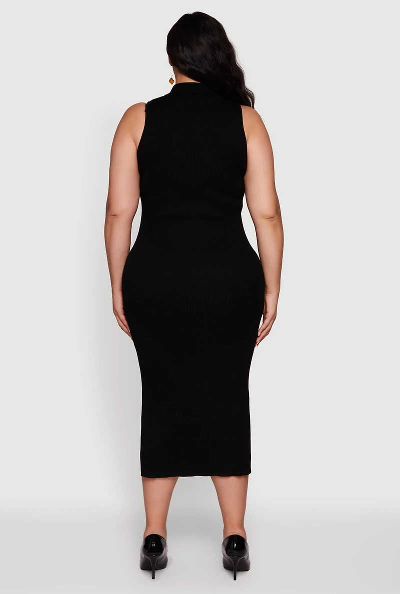 Plus Sleeveless Polo Collar Rib Knit Sweater Dress