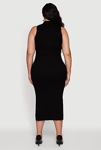 Plus Sleeveless Polo Collar Rib Knit Sweater Dress