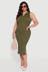 Plus Sleeveless Polo Collar Rib Knit Sweater Dress