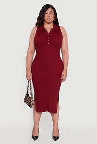 Womens Plus Sleeveless Polo Collar Rib Knit Sweater Dress, Burgundy,