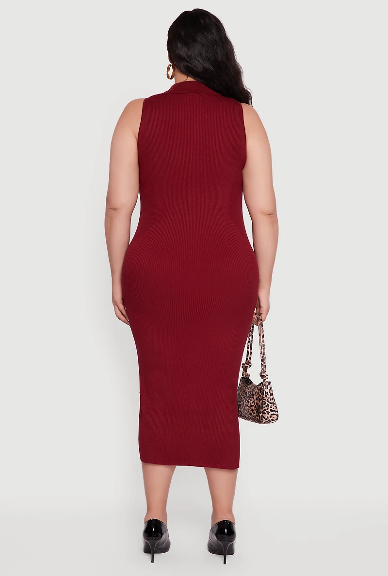 Womens Plus Sleeveless Polo Collar Rib Knit Sweater Dress, Burgundy,