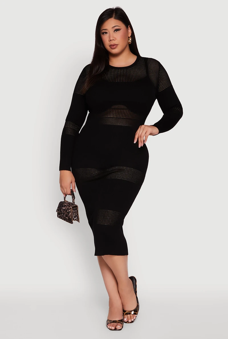 Womens Plus Long Sleeve Ribbed Knit Midi Dress, Black,