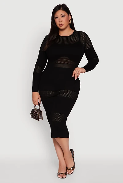 Womens Plus Long Sleeve Ribbed Knit Midi Dress, Black,