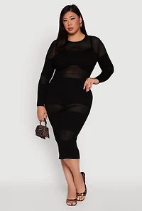 Womens Plus Long Sleeve Ribbed Knit Midi Dress, Black,