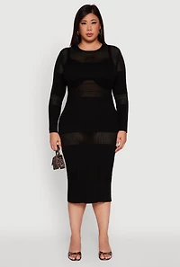 Womens Plus Long Sleeve Ribbed Knit Midi Dress, Black,