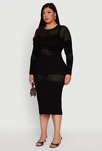 Womens Plus Long Sleeve Ribbed Knit Midi Dress, Black,