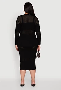 Womens Plus Long Sleeve Ribbed Knit Midi Dress, Black,