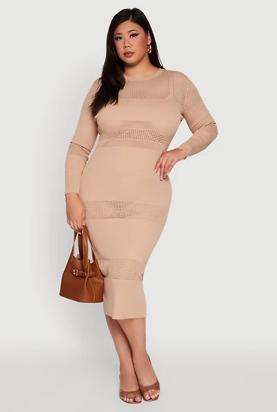 Womens Plus Long Sleeve Ribbed Knit Midi Dress,