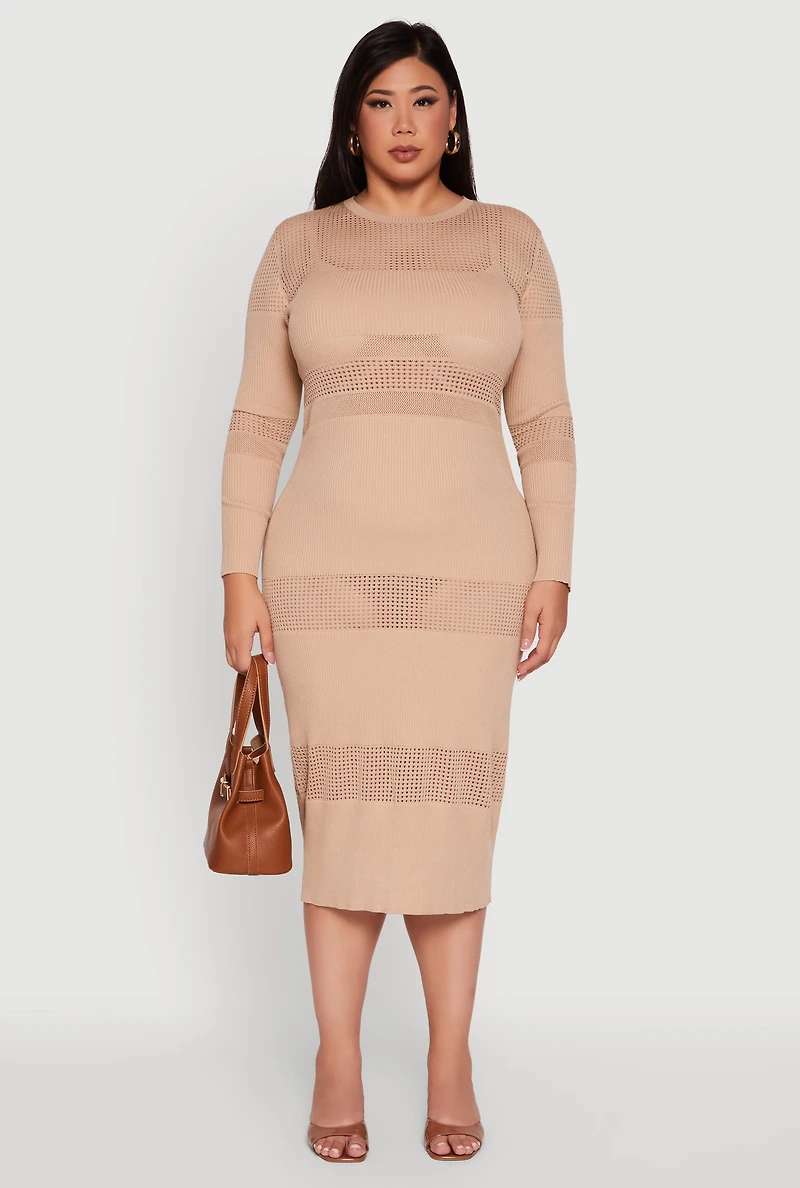 Womens Plus Long Sleeve Ribbed Knit Midi Dress,