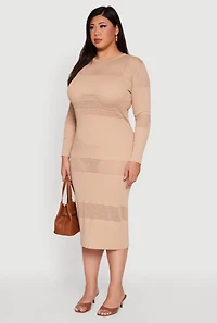Womens Plus Size Long Sleeve Ribbed Knit Midi Dress, Beige, Size 1X