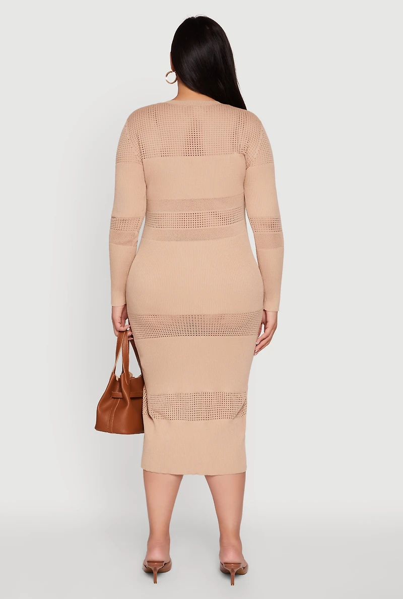 Womens Plus Long Sleeve Ribbed Knit Midi Dress,