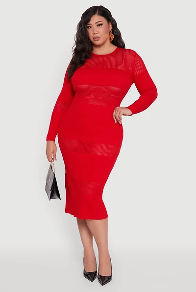 Womens Plus Size Long Sleeve Ribbed Knit Midi Dress, Red, Size 2X