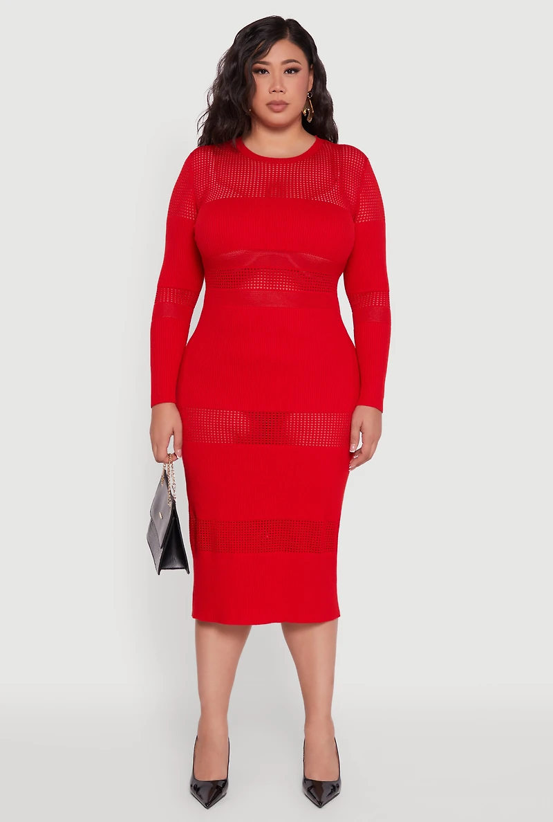 Womens Plus Size Long Sleeve Ribbed Knit Midi Dress, Red, Size 2X