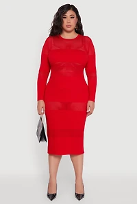 Womens Plus Size Long Sleeve Ribbed Knit Midi Dress, Red, Size 2X