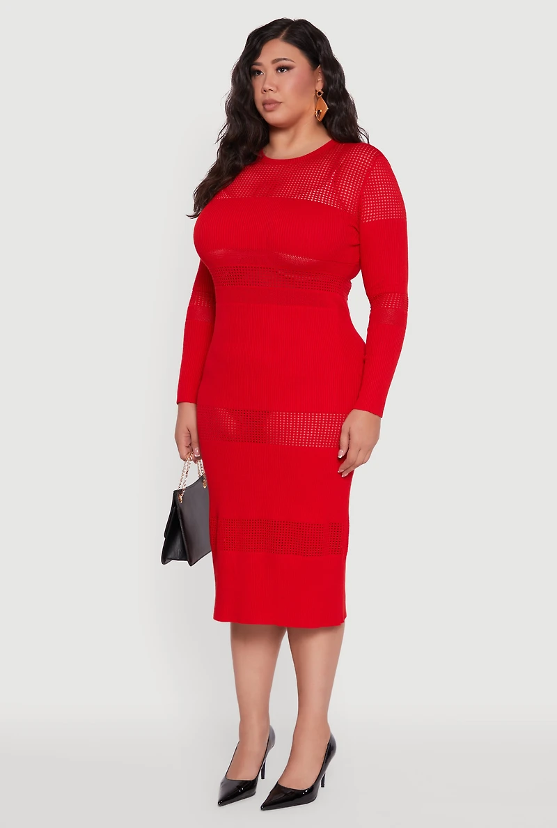 Womens Plus Size Long Sleeve Ribbed Knit Midi Dress, Red, Size 2X