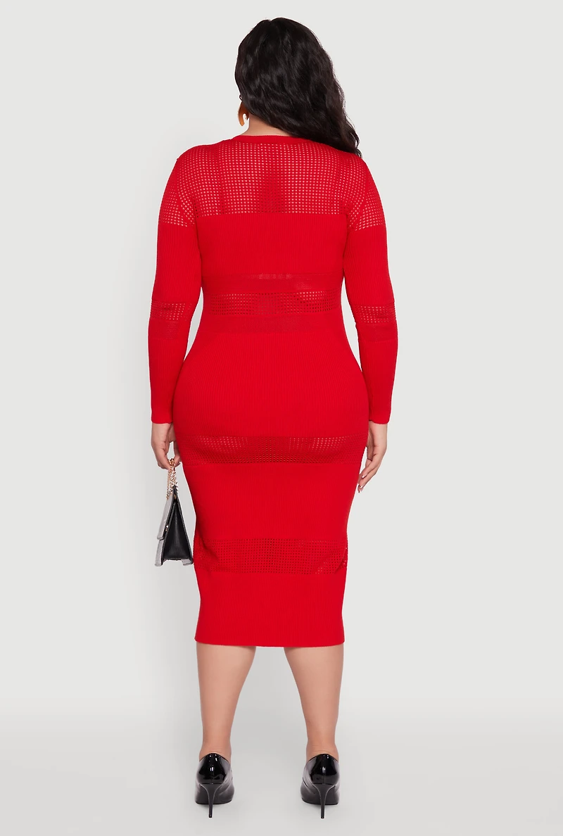 Womens Plus Size Long Sleeve Ribbed Knit Midi Dress, Red, Size 2X
