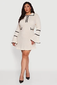 Plus Rib Knit Contrast Trim Polo Sweater Dress