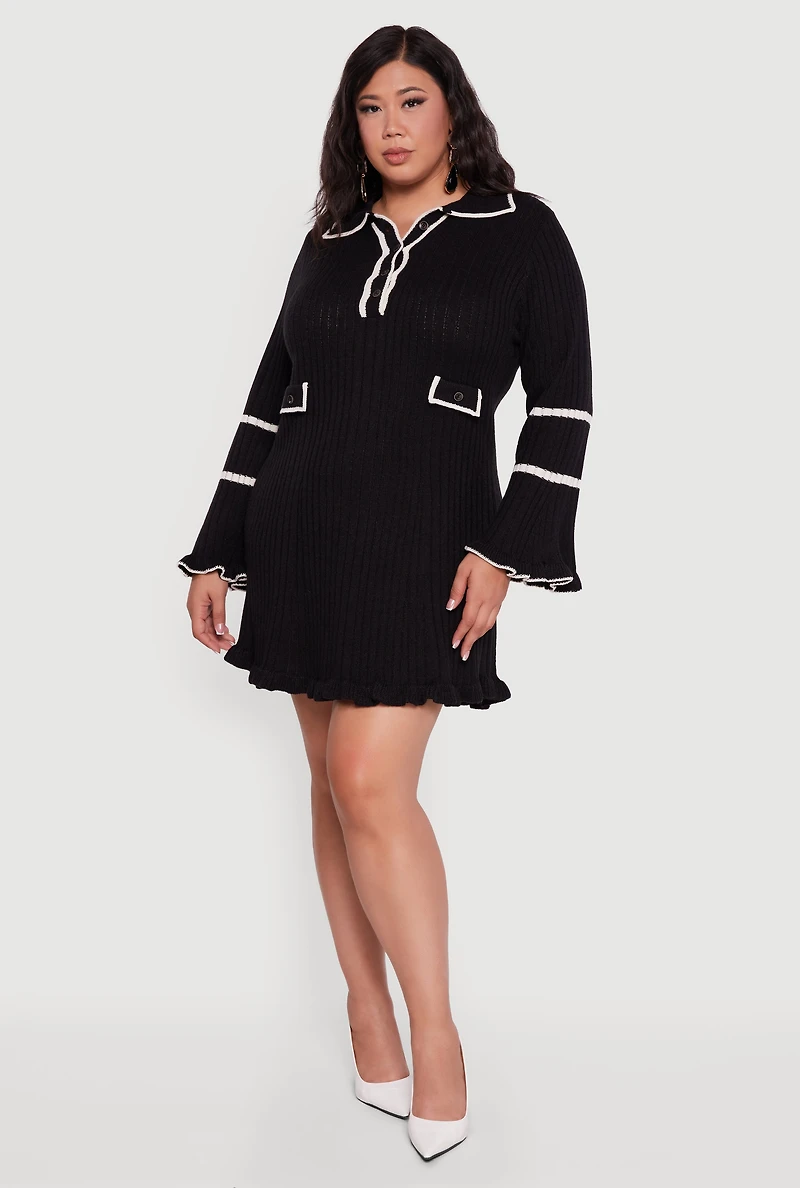 Womens Plus Rib Knit Contrast Trim Polo Sweater Dress, 1X