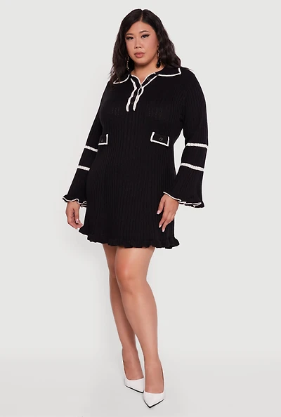 Womens Plus Size Rib Knit Contrast Trim Polo Sweater Dress, Black, Size 1X