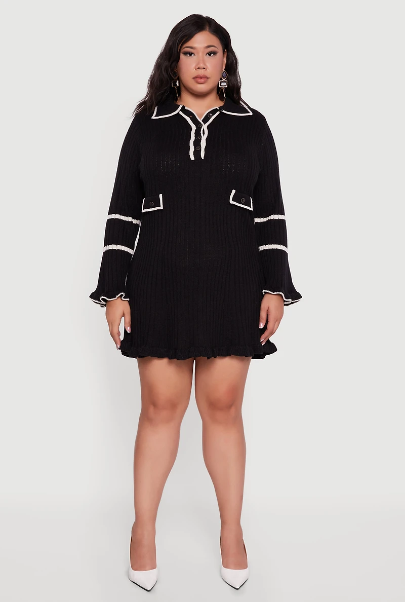 Womens Plus Rib Knit Contrast Trim Polo Sweater Dress, 1X