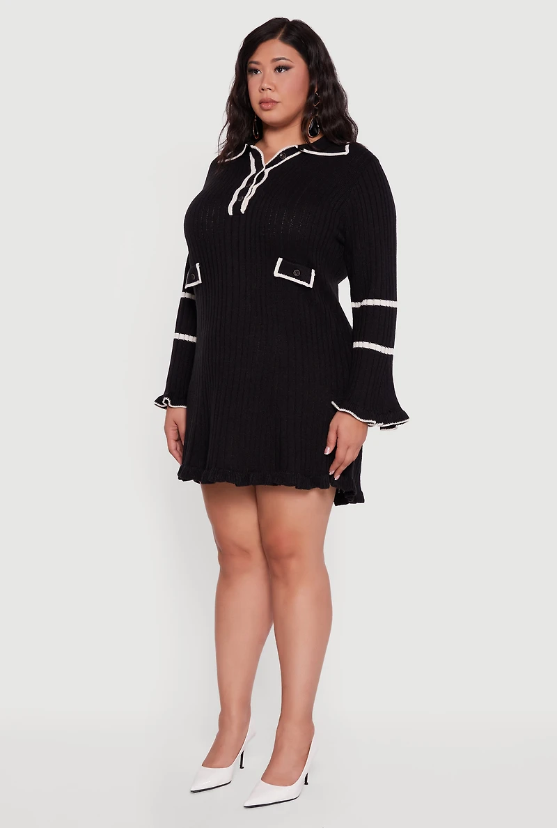 Womens Plus Size Rib Knit Contrast Trim Polo Sweater Dress, Black, Size 1X