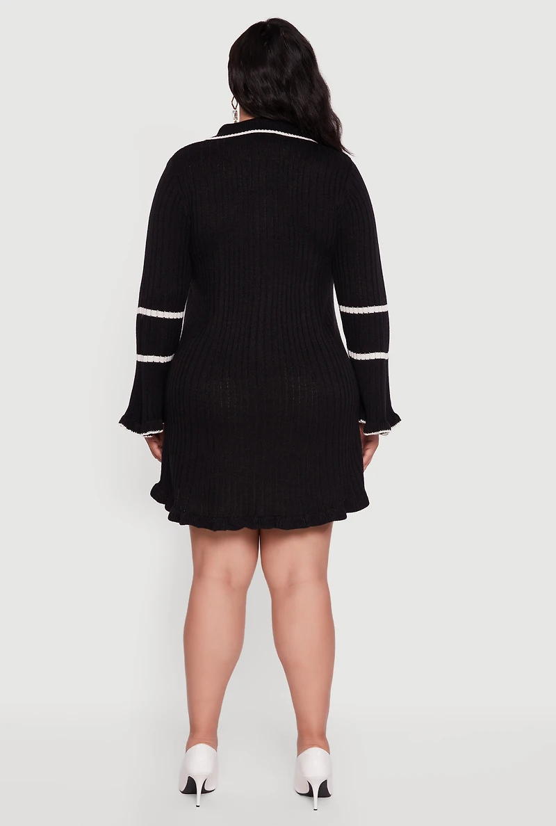 Womens Plus Size Rib Knit Contrast Trim Polo Sweater Dress, Black, Size 1X