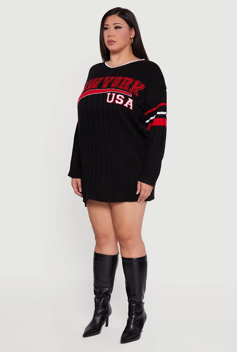 Plus New York USA Graphic Long Sleeve Sweater Dress