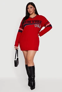 Womens Plus Size New York USA Graphic Long Sleeve Sweater Dress, Red, Size 3X