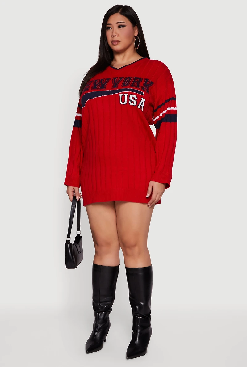 Womens Plus Size New York USA Graphic Long Sleeve Sweater Dress, Red, Size 2X