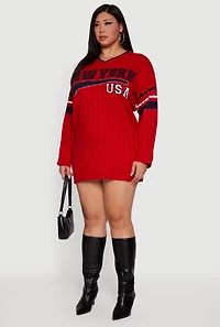 Womens Plus Size New York USA Graphic Long Sleeve Sweater Dress, Red, Size 2X