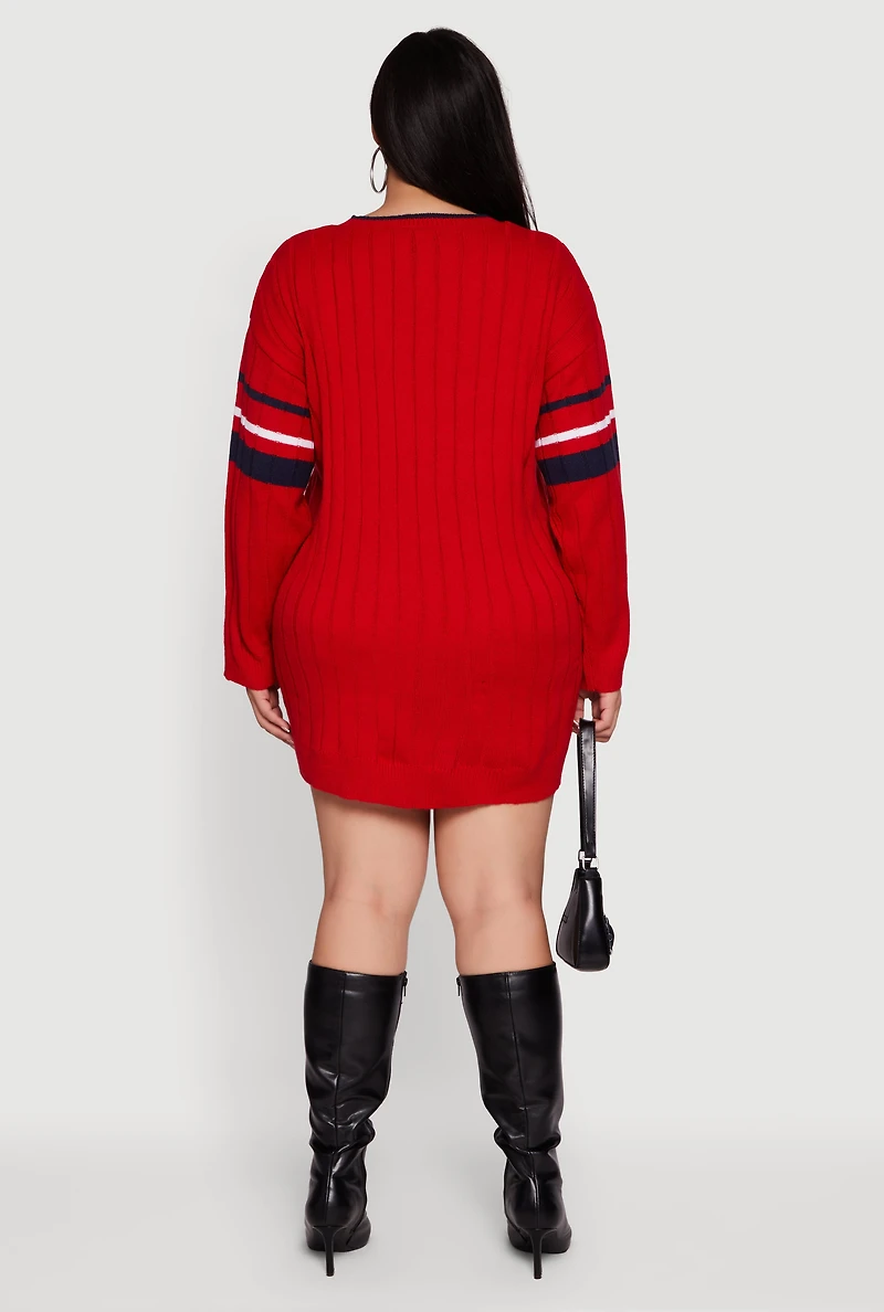 Womens Plus Size New York USA Graphic Long Sleeve Sweater Dress, Red, Size 2X