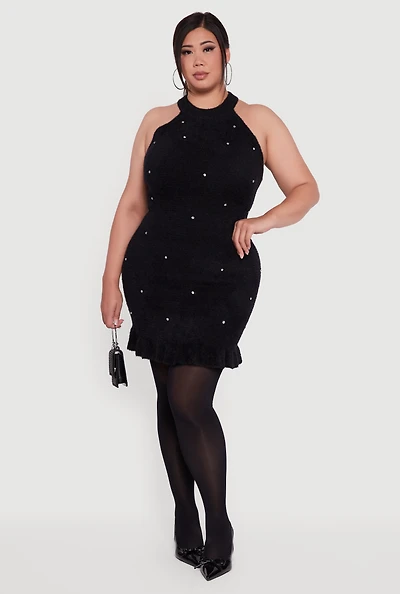 Womens Plus Size Rhinestone Detail Eyelash Knit Halter Dress, Black, Size 3X