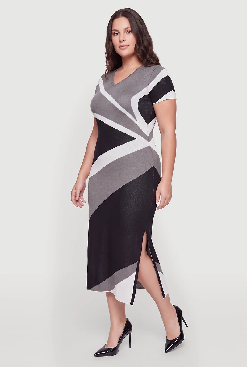 Plus Color Blocked Side Slit Midi Sweater Dress