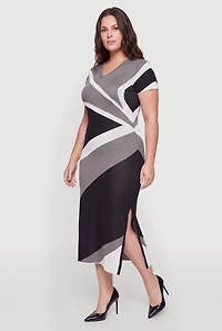 Plus Color Blocked Side Slit Midi Sweater Dress