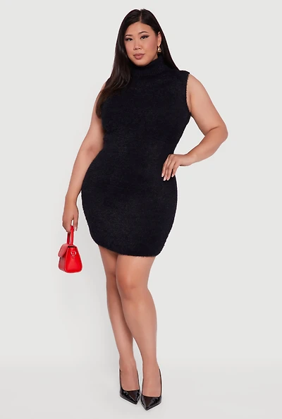 Womens Plus Sleeveless Eyelash Knit Turtleneck Dress,