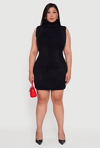 Womens Plus Sleeveless Eyelash Knit Turtleneck Dress,