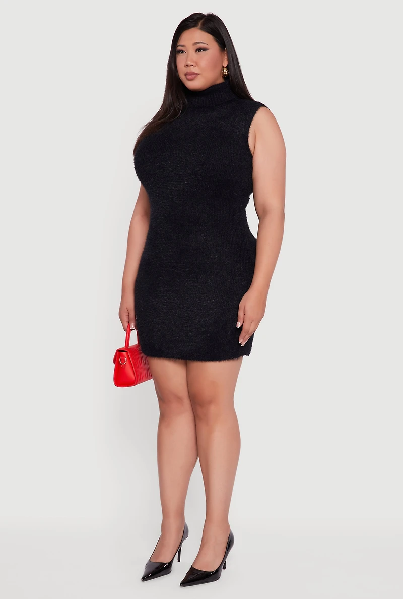 Plus Sleeveless Eyelash Knit Turtleneck Dress