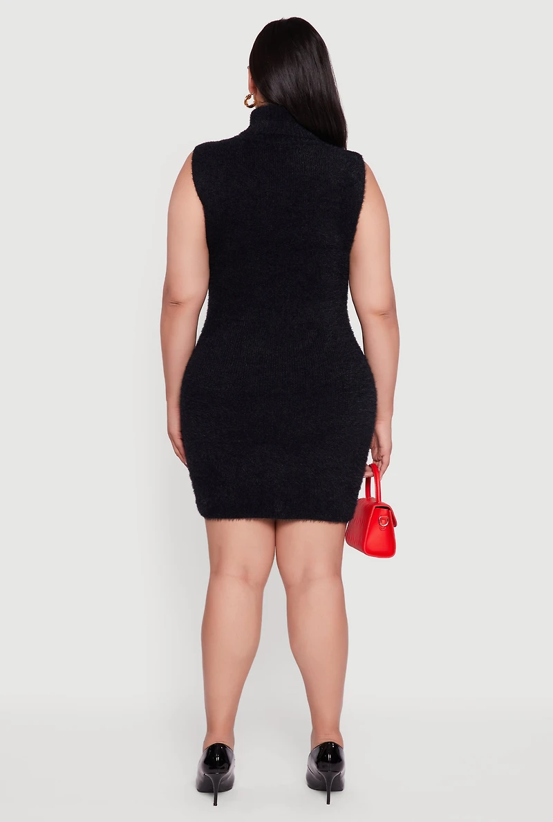 Plus Sleeveless Eyelash Knit Turtleneck Dress