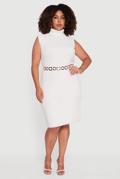 Womens Plus Size Sleeveless Eyelash Knit Turtleneck Dress, White, Size 1X