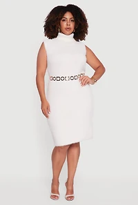 Womens Plus Size Sleeveless Eyelash Knit Turtleneck Dress, White, Size 1X