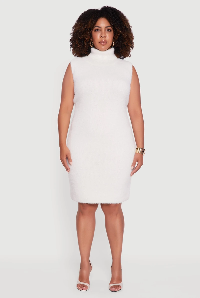 Womens Plus Size Sleeveless Eyelash Knit Turtleneck Dress, White, Size 1X