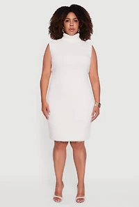 Womens Plus Size Sleeveless Eyelash Knit Turtleneck Dress, White, Size 1X