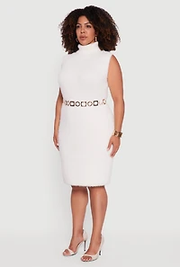 Womens Plus Size Sleeveless Eyelash Knit Turtleneck Dress, White, Size 1X
