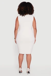 Womens Plus Size Sleeveless Eyelash Knit Turtleneck Dress, White, Size 1X