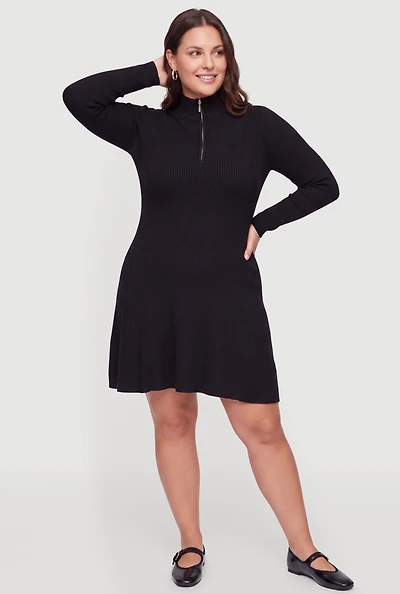 Plus Quarter Zip Mock Neck Mini Sweater Dress